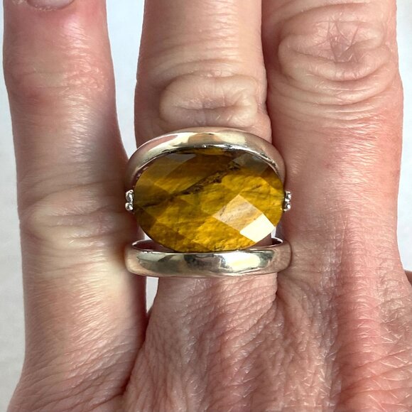 Signed Sterling Silver 925 Faceted Tigers Eye Split Shank Wide Band Ring 6.75 - Picture 12 of 16